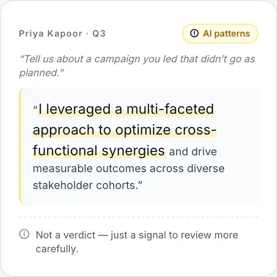 Built-in AI Check flagging patterns of AI assistance in candidate responses.