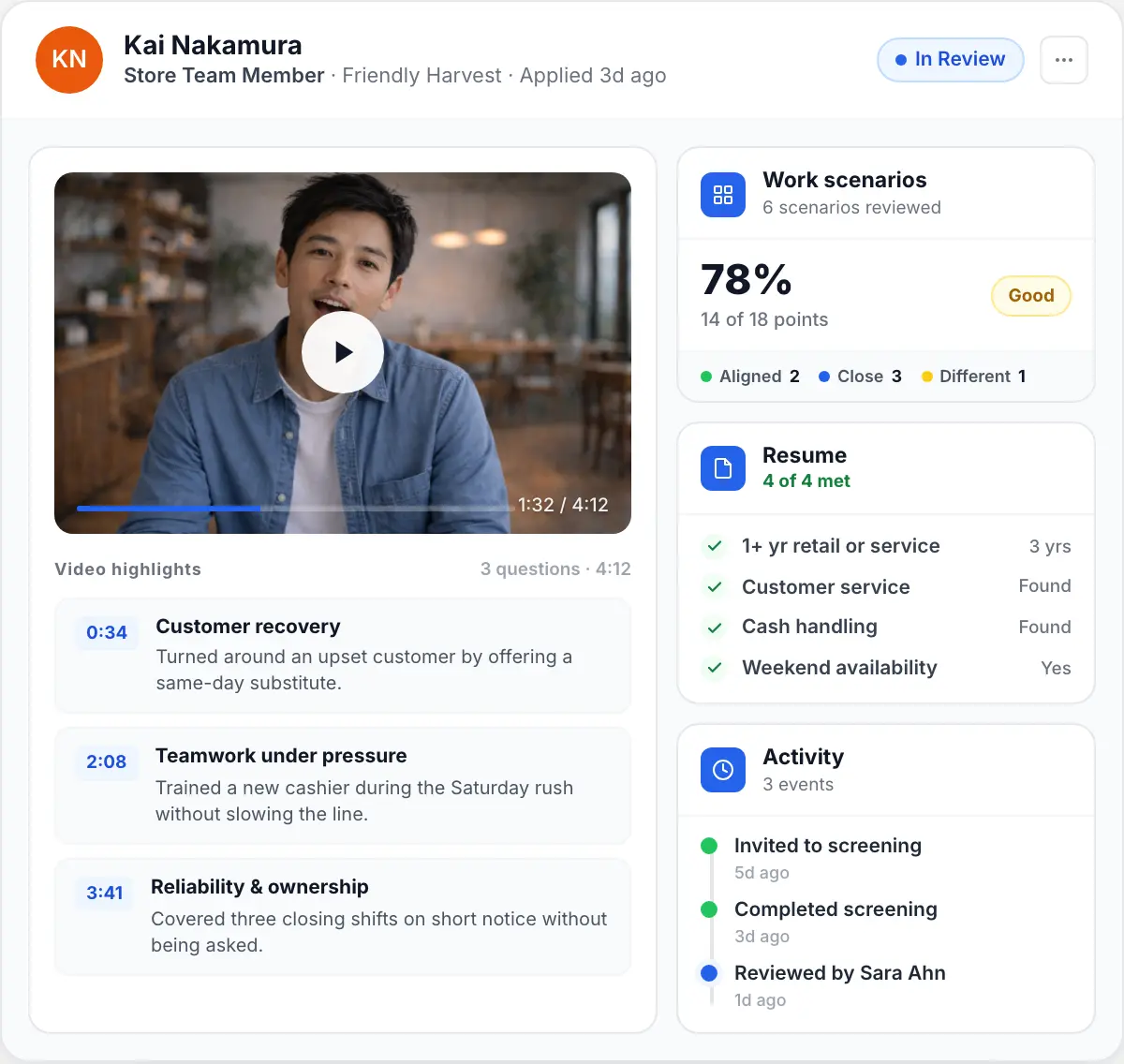 Centralized candidate profiles in Truffle with transcripts, scores, and reviewer feedback.