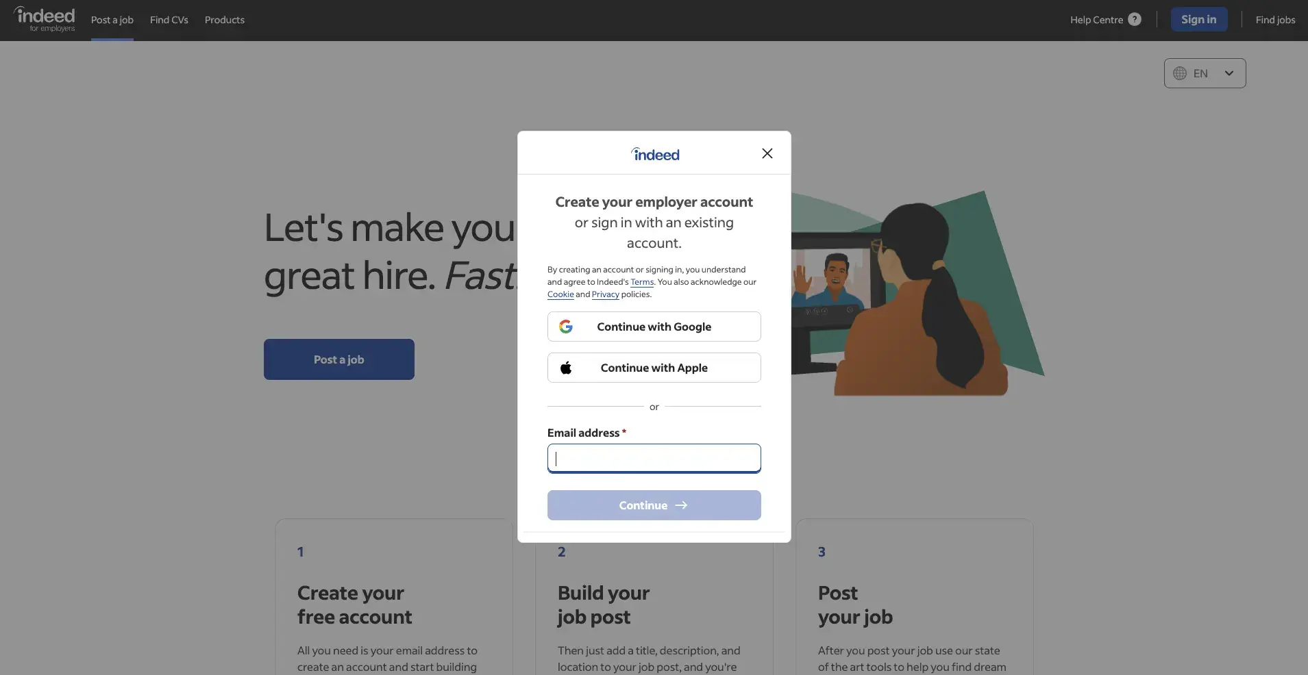Indeed job posting page with sign-up modal and illustration of person at computer