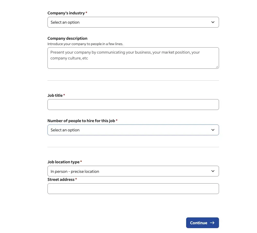 Job application form with empty fields for company and position details