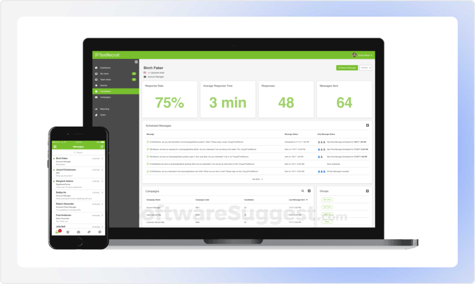 TextRecruit messaging platform dashboard on laptop and mobile phone
