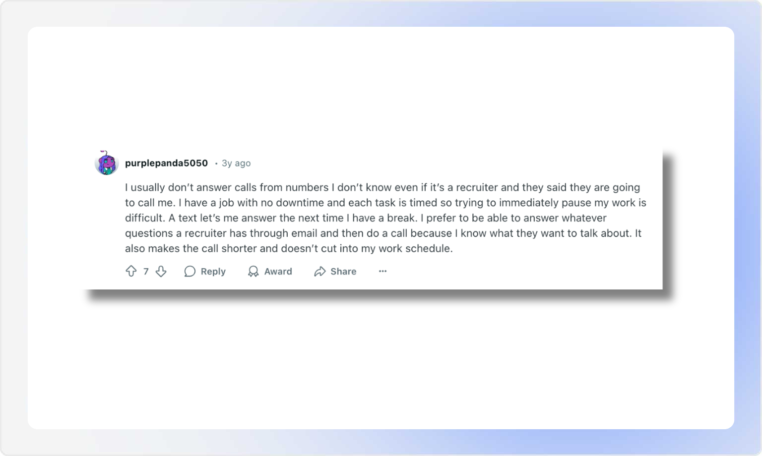 Social media post about handling recruiter calls and work interruptions