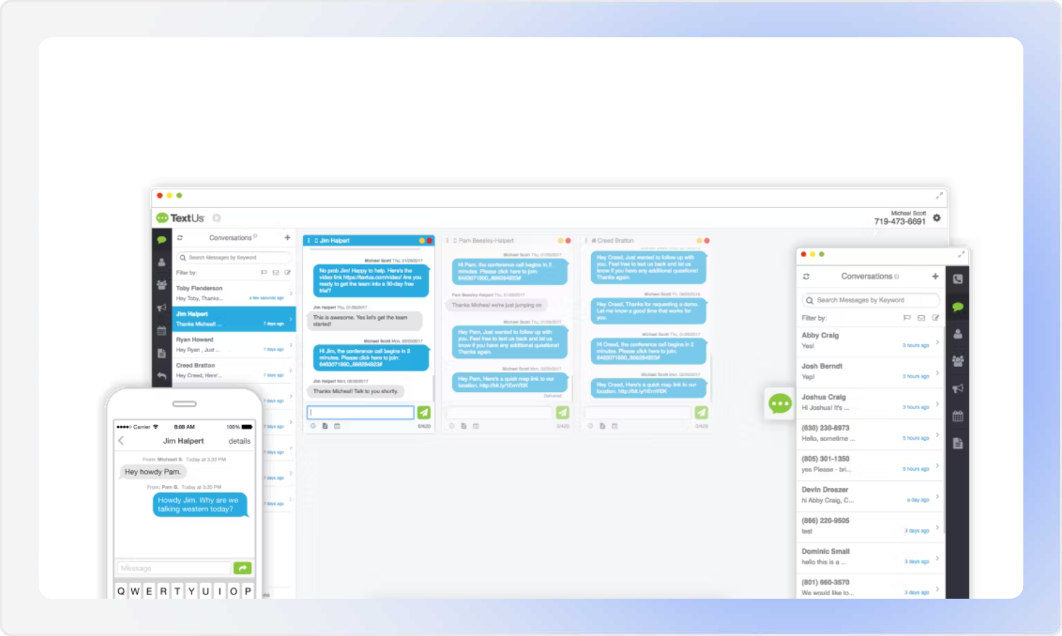 TextUs messaging app interface showing conversations on desktop and mobile