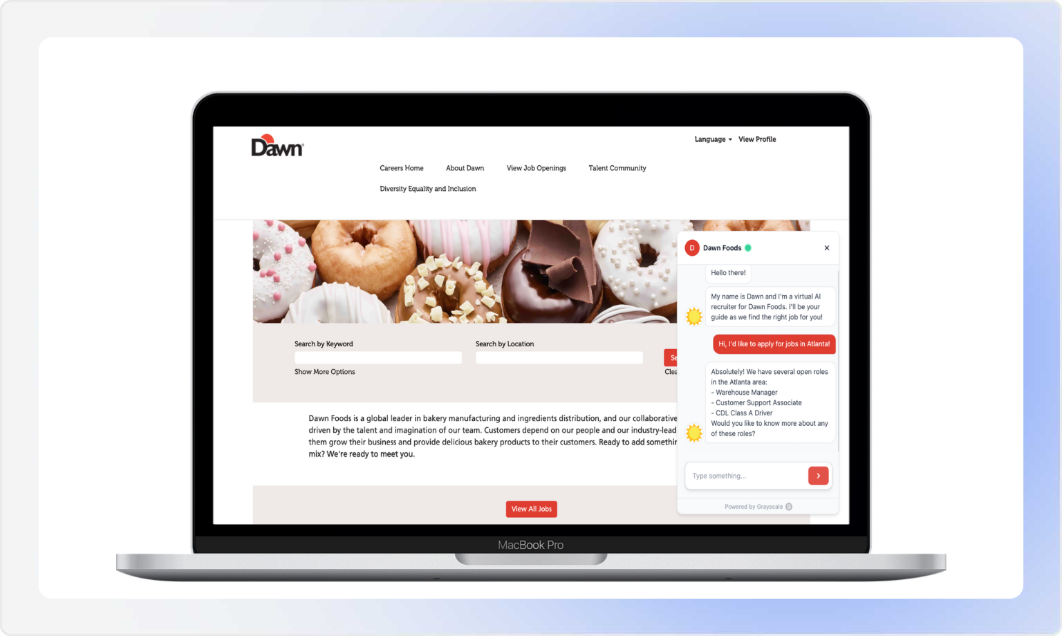Dawn Foods career page with delicious donuts and job search interface