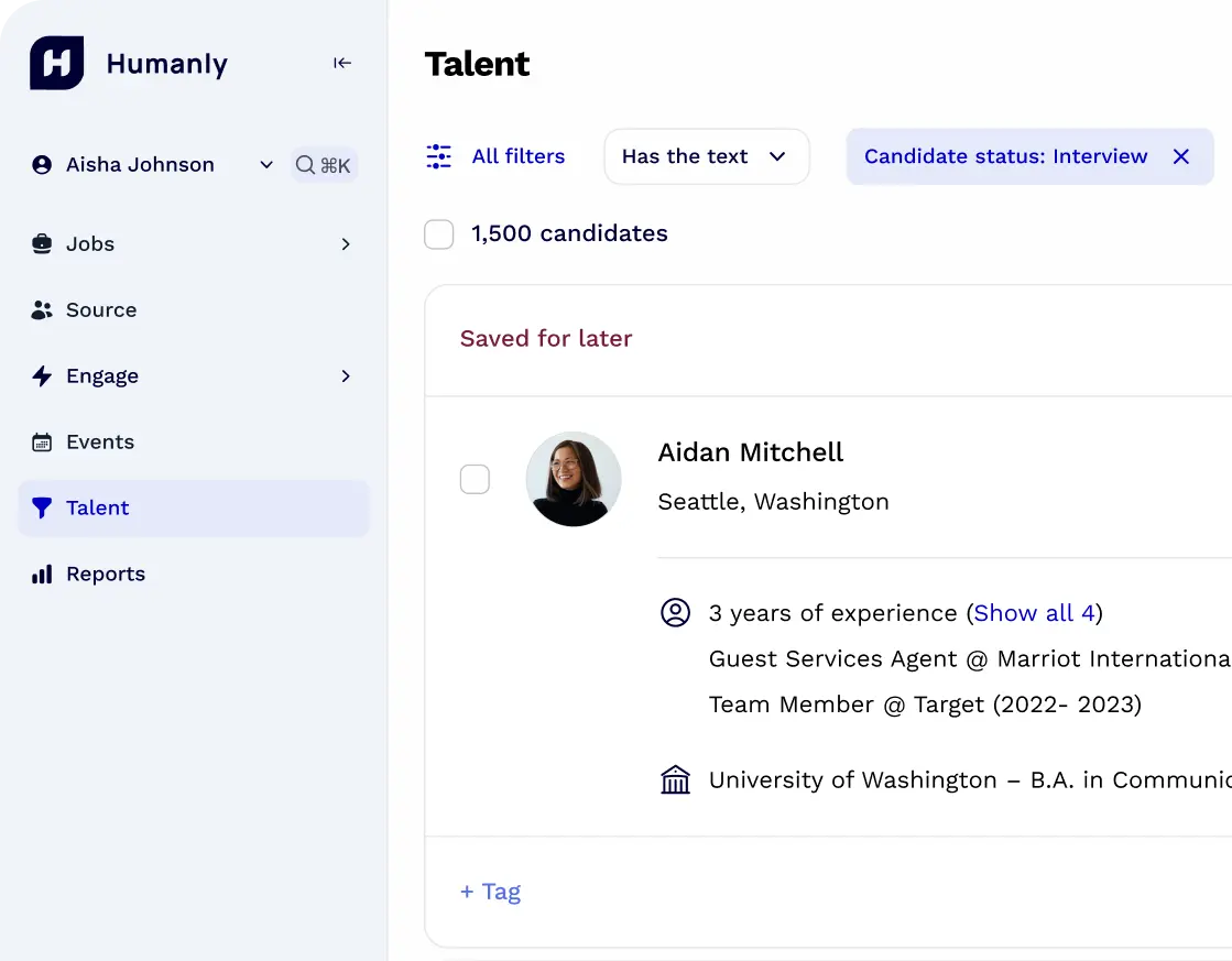 Humanly conversational chat interface qualifying candidates and scheduling interviews