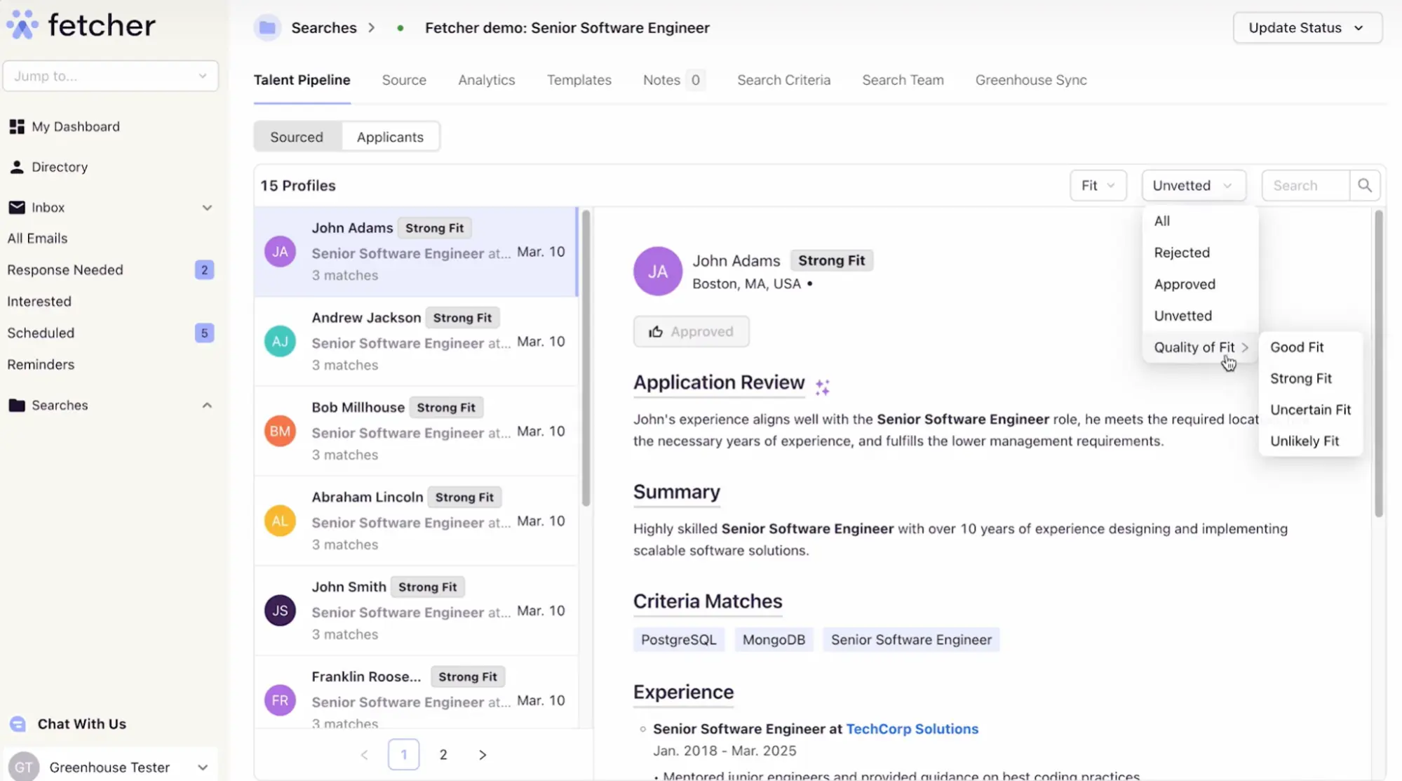 Fetcher candidate ratings dashboard for outbound sourcing automation