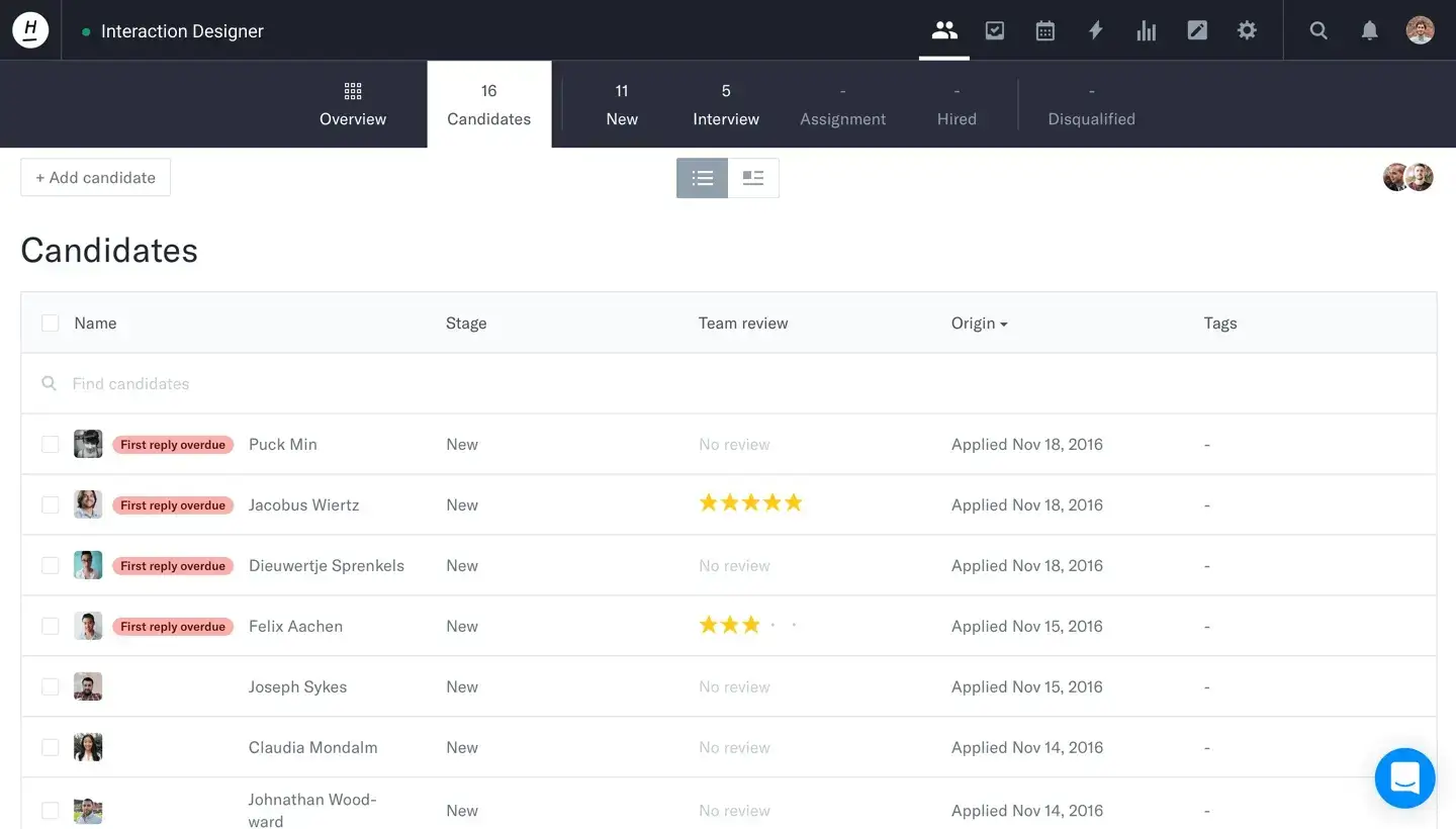 Recruiting dashboard showing candidate list with application dates and stages